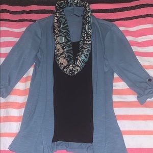 Cardigan, sewn in under shirt, infinity scarf